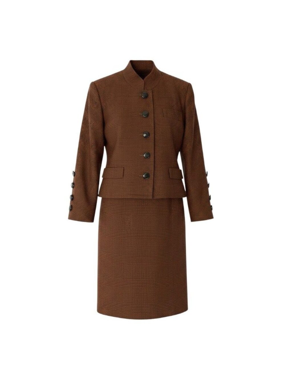 Saint Laurent Set Skirt Suit Plaid Stand Collar Jacket Knee Length S Brown Wool